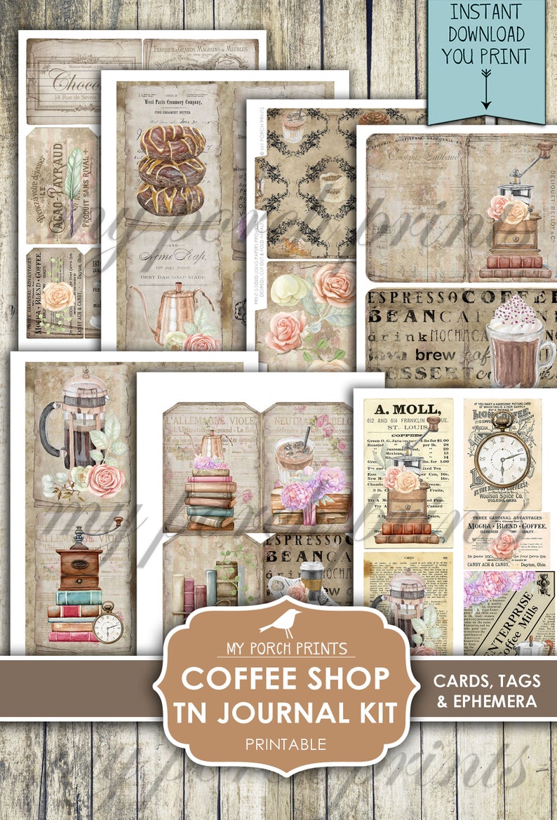 Op de afbeelding: Een printbare digitale journal-kit met een koffieshop-thema. De kit bevat kaarten, labels en ephemera met afbeeldingen van koffiebonen, koffiezetapparaten, boeken en bloemen. De tekst "Espresso Coffee Bean Cafe" is zichtbaar in de afbeelding.