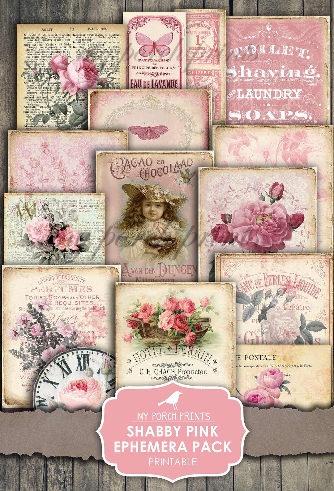 Shabby Pink Ephemera Pack, Junk Journal, Papers, My Porch Prints, Tag ...
