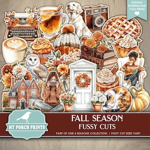 Fall Season FUSSY CUTS, Junk Journal, 4, Four, Seasons, Autumn, Cricut, Planner, Orange, Brown, My Porch Prints, Printable Digital Download