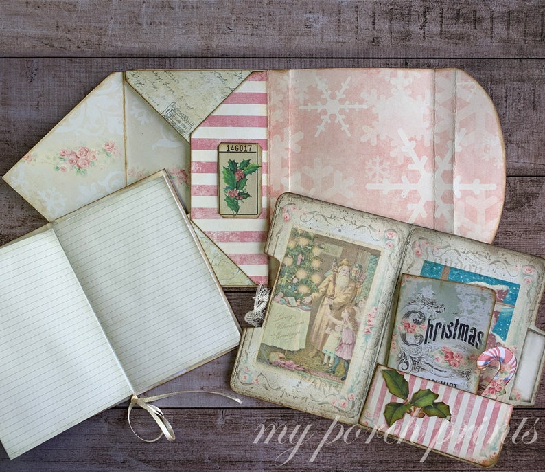 Shabby Pink Christmas Folio Junk Journal Kit Ephemera My | Etsy