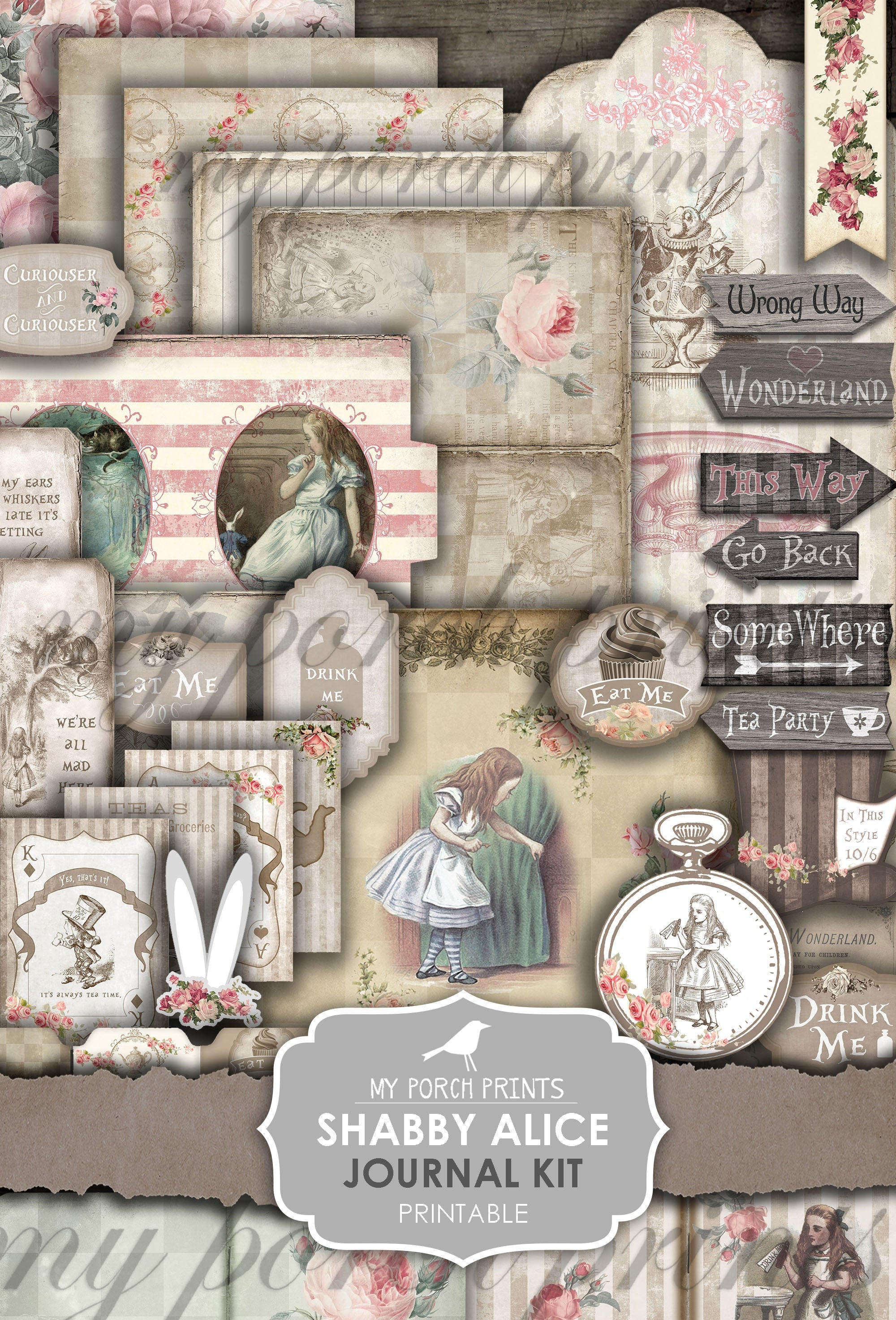 paper 60+ Items Alice pictures quotes Alice In Wonderland Junk Journal Kit 