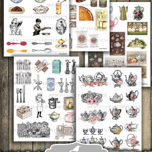 K&ouml;nnte beinhalten: 14 bedruckbare Bl&auml;tter mit filigranen Ausschnitten f&uuml;r K&uuml;che und Backen. Die Bilder zeigen Vintage-Illustrationen von K&uuml;chenutensilien, Lebensmitteln und Teekannen. Die Bl&auml;tter sind 8,5 Zoll mal 11 Zoll gro&szlig;.