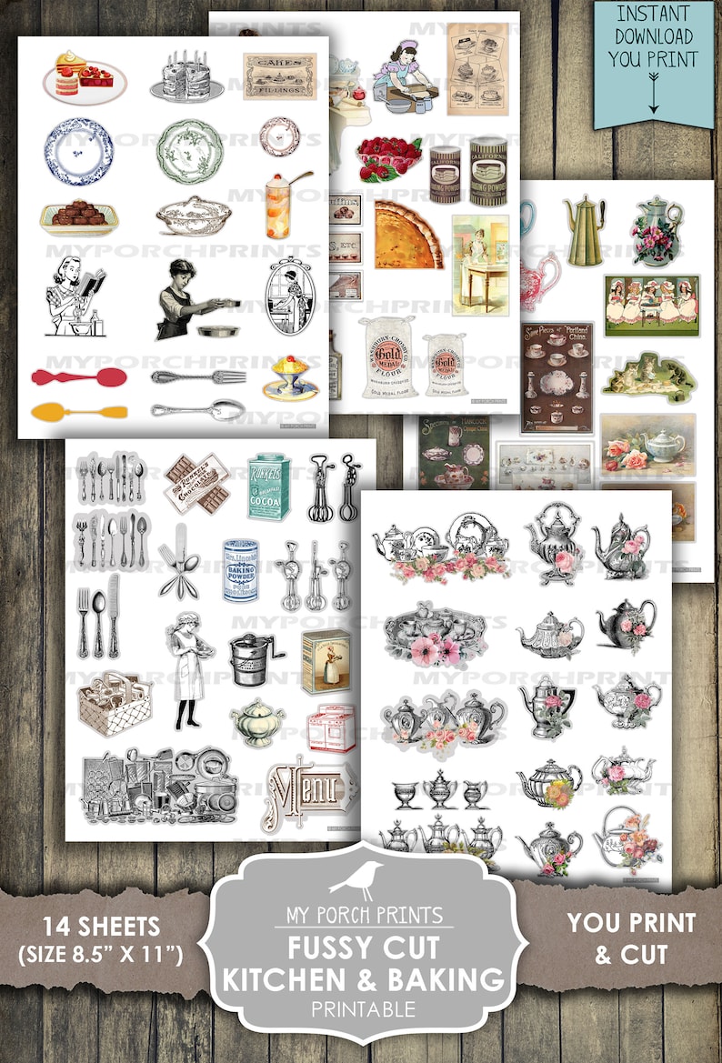 K&ouml;nnte beinhalten: 14 bedruckbare Bl&auml;tter mit filigranen Ausschnitten f&uuml;r K&uuml;che und Backen. Die Bilder zeigen Vintage-Illustrationen von K&uuml;chenutensilien, Lebensmitteln und Teekannen. Die Bl&auml;tter sind 8,5 Zoll mal 11 Zoll gro&szlig;.