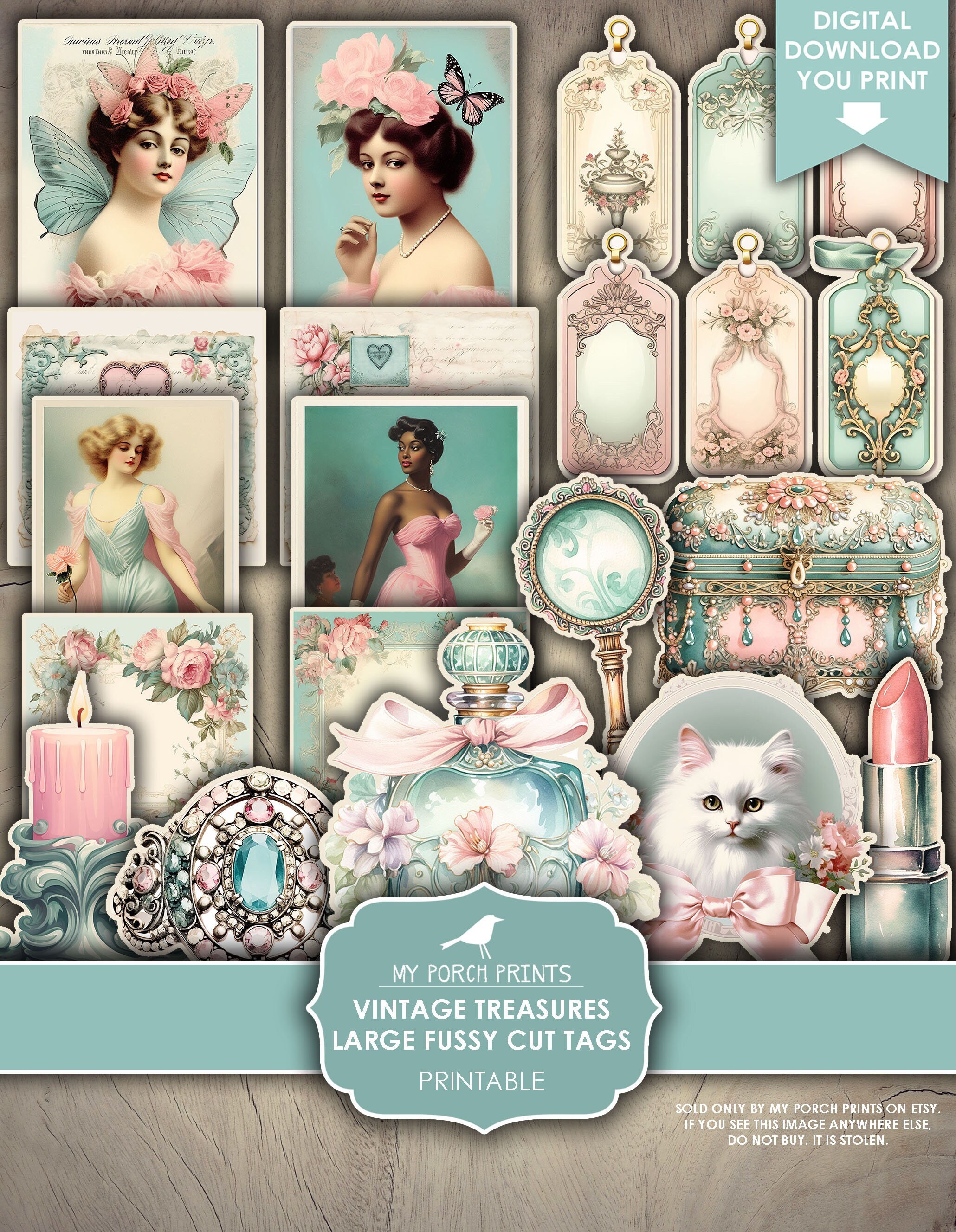 Vintage Treasures Large Fussy Cut Tags, Junk Journal, Women, Elegant, Victorian, Pink, Teal, Printable, My Porch Prints, Digital Download