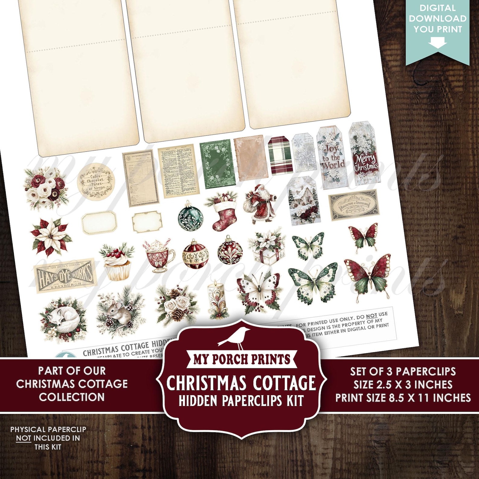 Christmas Cottage Hidden Paperclips Kit, 3, Junk Journal, Bookmark ...