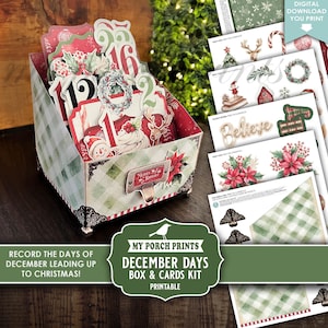 May include: A Christmas-themed box and card kit with a festive design. The box features a green and white plaid pattern, with decorative elements like a poinsettia and a "Merry & Bright" label. The kit includes cards with holiday images and the text "Digital Download You Print".