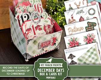 May include: A Christmas-themed box and card kit with a festive design. The box features a green and white plaid pattern, with decorative elements like a poinsettia and a "Merry & Bright" label. The kit includes cards with holiday images and the text "Digital Download You Print".