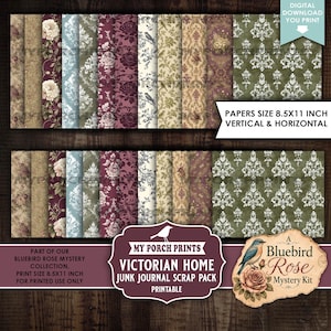 May include: A collection of digital printable papers featuring Victorian-style floral, damask, and bird patterns in shades of green, burgundy, cream, and blue. The papers are 8.5x11 inches. Text includes 'DIGITAL DOWNLOAD YOU PRINT' and 'VICTORIAN HOME'.