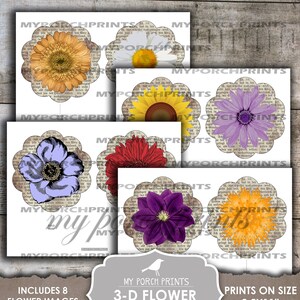 K&ouml;nnte beinhalten: Acht druckbare 3D-Blumenbilder f&uuml;r Journaleinlagen. Die Blumen befinden sich auf einem Hintergrund aus einer alten Buchseite. Die Blumen umfassen eine Sonnenblume, eine G&auml;nsebl&uuml;mchen, eine lila Blume, eine rote Blume, eine blaue Blume und eine lila Blume. Die Bilder sind 8,5 x 11 Zoll gro&szlig;.