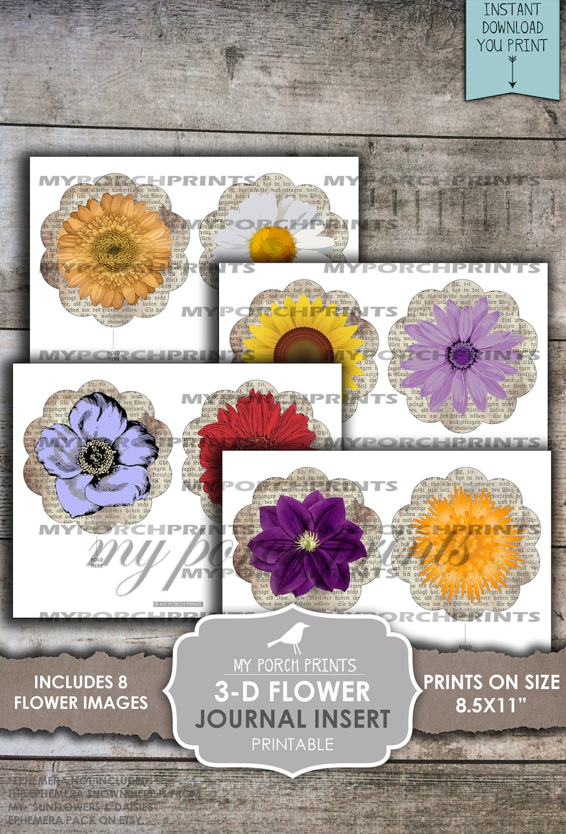 K&ouml;nnte beinhalten: Acht druckbare 3D-Blumenbilder f&uuml;r Journaleinlagen. Die Blumen befinden sich auf einem Hintergrund aus einer alten Buchseite. Die Blumen umfassen eine Sonnenblume, eine G&auml;nsebl&uuml;mchen, eine lila Blume, eine rote Blume, eine blaue Blume und eine lila Blume. Die Bilder sind 8,5 x 11 Zoll gro&szlig;.