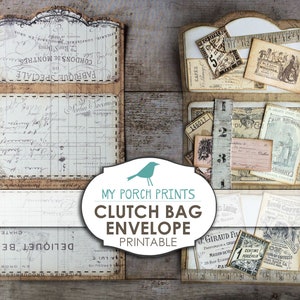 Envelop clutch, Junk Journal Kit, Scrapbooking, Shabby, Digitaal, Neutraal, My Porch Prints, Naaien, Map, Downloaden, Vintage, Afdrukbaar