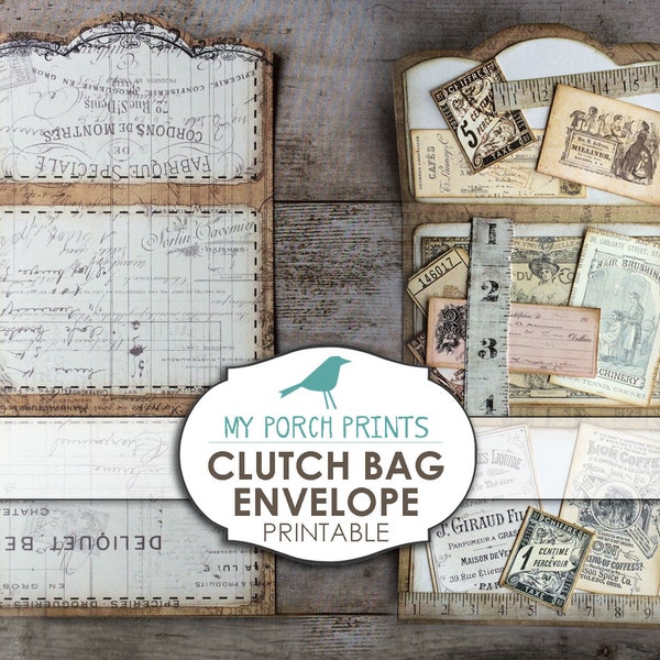 Clutch Tasche Umschlag, Junk Journal Kit, Scrapbooking, Shabby, Digital, Neutral, My Porch Prints, Nähen, Ordner, Download, Vintage, printable