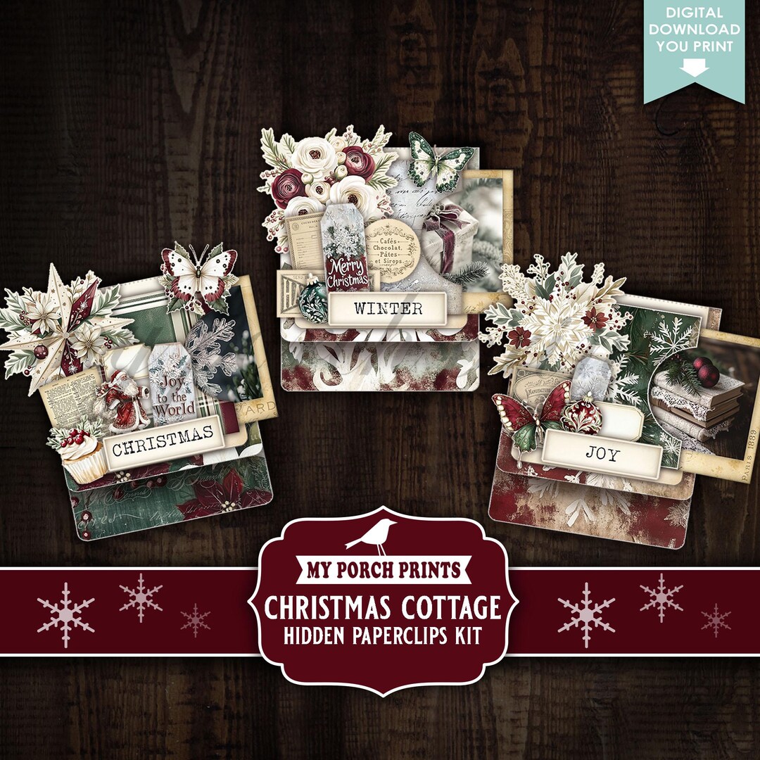 Christmas Cottage Hidden Paperclips Kit, 3, Junk Journal, Bookmark ...