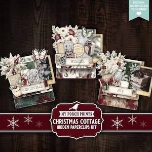 May include: Three Christmas-themed paperclip kits with decorative elements. Each kit features a central label with words like "Christmas," "Winter," and "Joy." The kits include floral arrangements, butterflies, and vintage-style imagery. The bottom banner reads "Christmas Cottage Hidden Paperclips Kit."