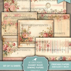 Op de afbeelding: Set van 16 afdrukbare digitale papieren in shabby chic-stijl met bloemenmotieven en liniaalmarkeringen. De papieren zijn 21,6 x 27,9 cm groot en perfect voor scrapbooking, kaartmaken en andere knutselprojecten.