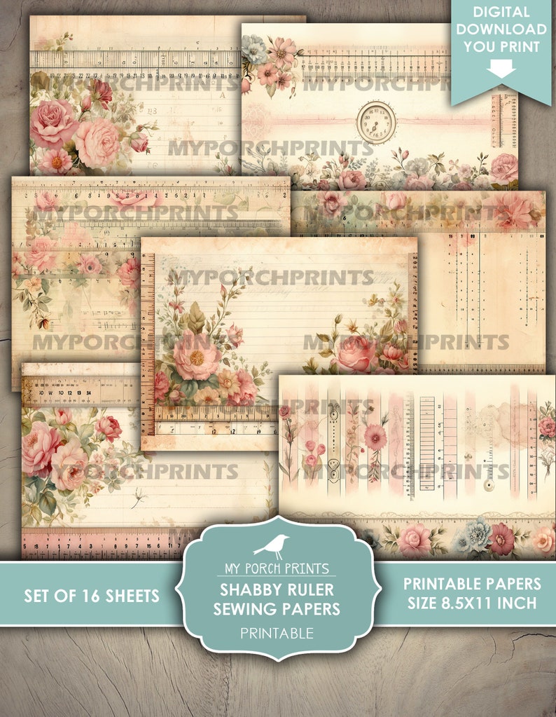 Op de afbeelding: Set van 16 afdrukbare digitale papieren in shabby chic-stijl met bloemenmotieven en liniaalmarkeringen. De papieren zijn 21,6 x 27,9 cm groot en perfect voor scrapbooking, kaartmaken en andere knutselprojecten.