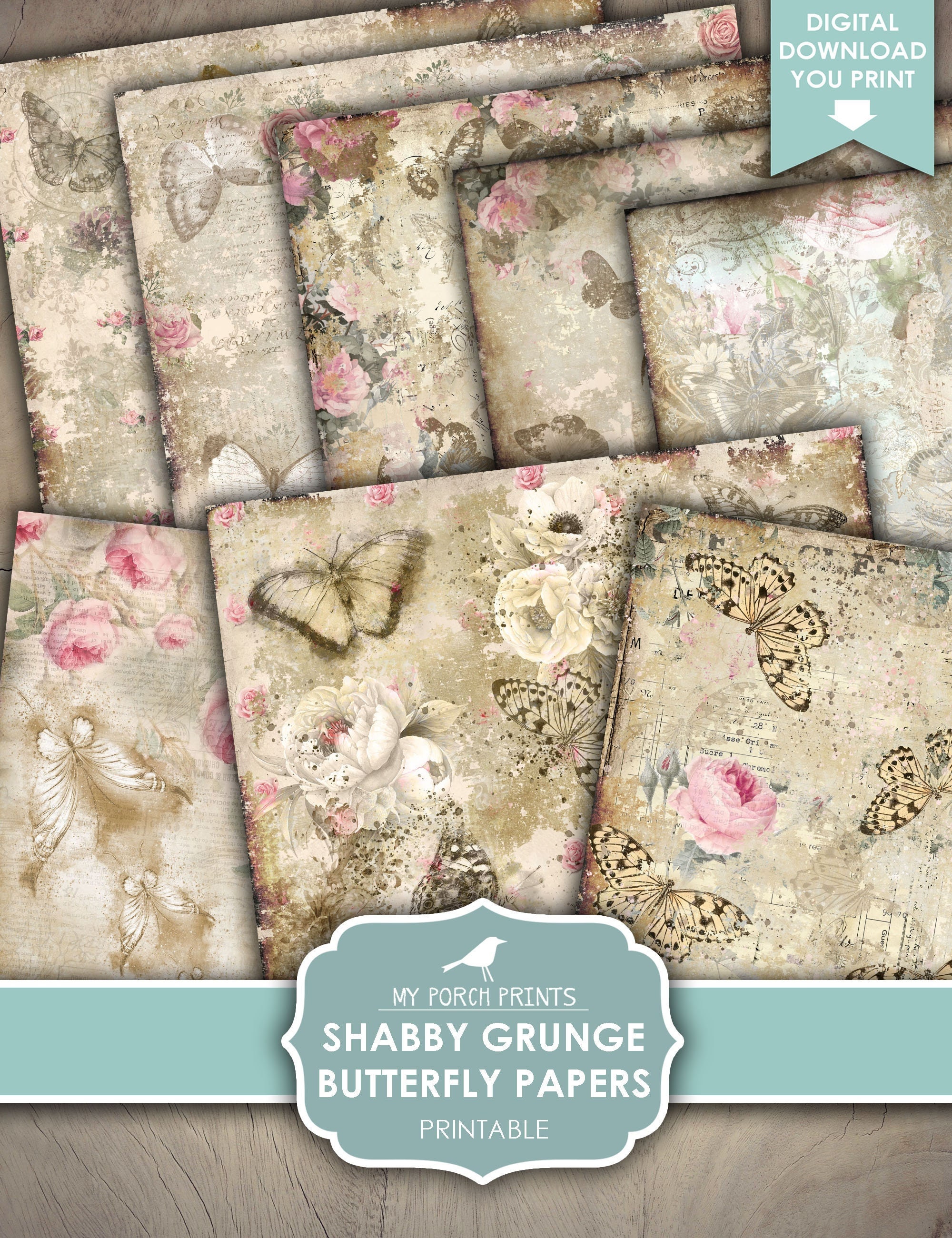 Junk Journal, Papers, Butterfly, Shabby, Grunge, Floral, Butterflies, Rose, Pink, Vintage, Printable, My Porch Prints, Digital Download