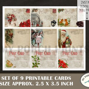 May include: Set of nine printable Christmas postcard designs featuring vintage illustrations of Santa Claus, reindeer, and winter scenes. Each card measures approximately 2.5 by 3.5 inches.