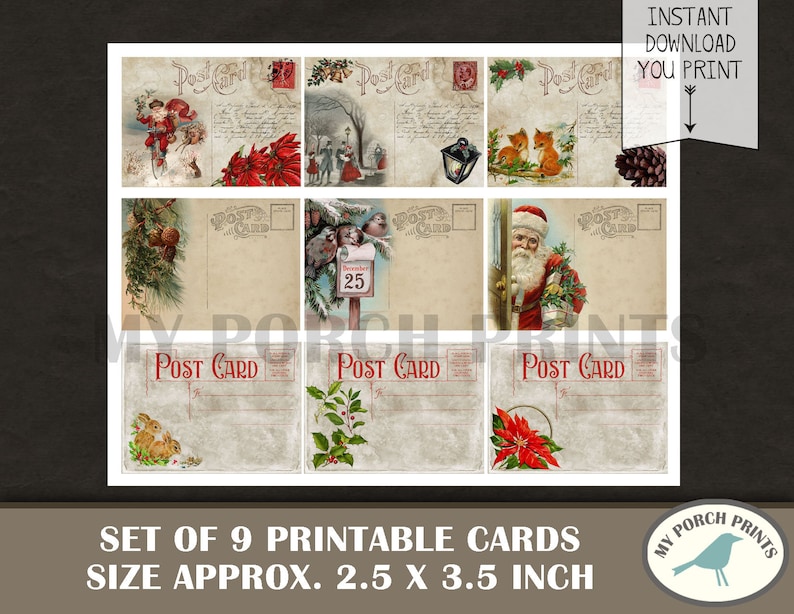 May include: Set of nine printable Christmas postcard designs featuring vintage illustrations of Santa Claus, reindeer, and winter scenes. Each card measures approximately 2.5 by 3.5 inches.