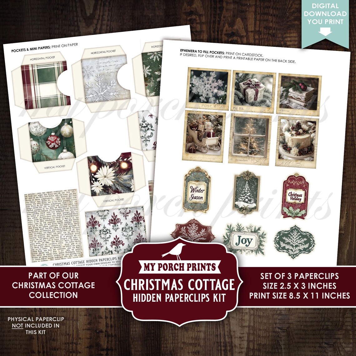 Christmas Cottage Hidden Paperclips Kit, 3, Junk Journal, Bookmark ...