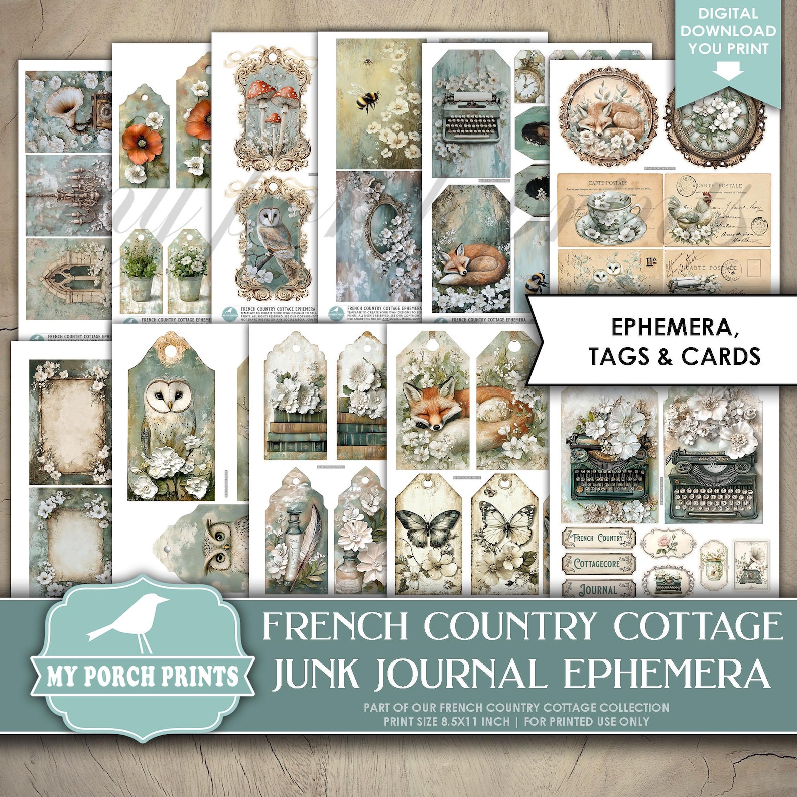 French Country Cottage EPHEMERA, Junk Journal, Kit, Vintage, Blue ...