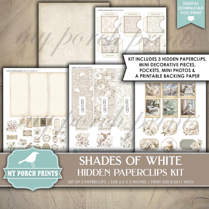 Shades of White Hidden Paperclips Kit, 3, Junk Journal, Paper Clip ...