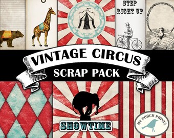 Könnte beinhalten: Vintage-Zirkus-Scrapbooking-Papier-Paket mit roten, weißen und blauen Farben. Das Paket enthält Bilder eines gestreiften Zeltes, einer Giraffe, eines Bären, eines Elefanten, eines Einrads, eines Reifens und eines Vogels. Der Text "Vintage Circus Scrap Pack" und "Showtime" ist im Design enthalten.