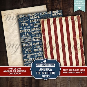 K&ouml;nnte beinhalten: Eine Sammlung von Papieren im patriotischen Stil mit Vintage-&Auml;sthetik. Die Papiere zeigen den Text "We the People", rot-wei&szlig;e Streifen und patriotische Phrasen. Die Papiere sind Teil der "America the Beautiful"-Kollektion.