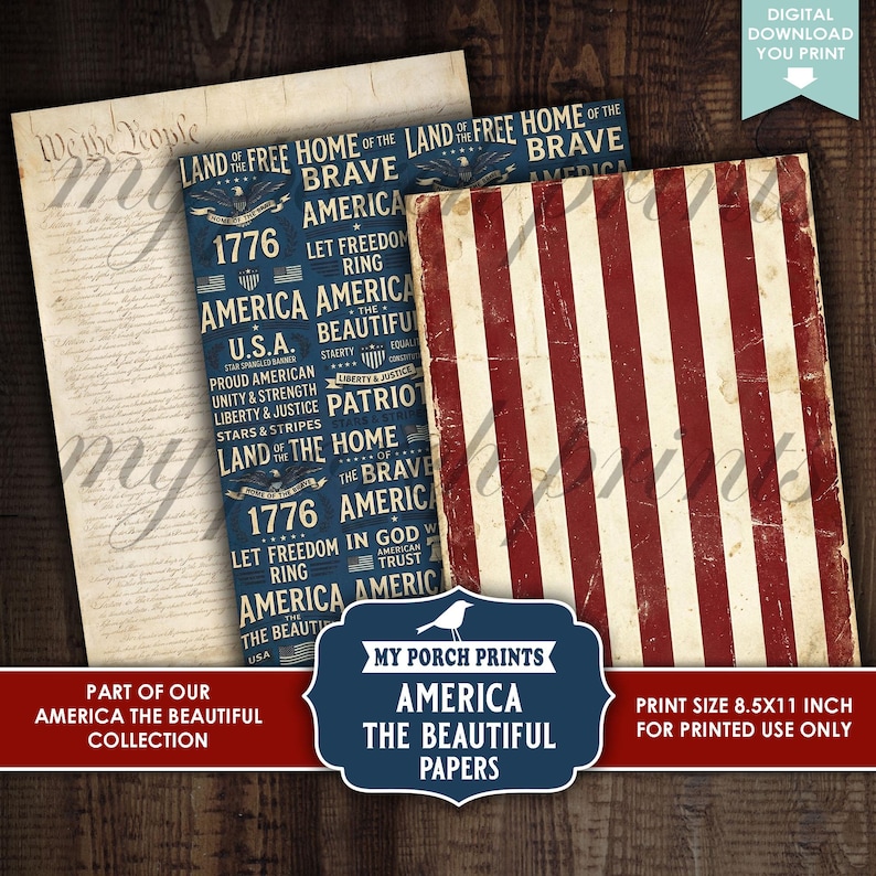 K&ouml;nnte beinhalten: Eine Sammlung von Papieren im patriotischen Stil mit Vintage-&Auml;sthetik. Die Papiere zeigen den Text "We the People", rot-wei&szlig;e Streifen und patriotische Phrasen. Die Papiere sind Teil der "America the Beautiful"-Kollektion.