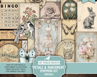 Petals and Parchment Junk Journal EPHEMERA Kit, Vintage, Bird, Spring, Neutral, Floral, Garden, My Porch Prints, Printable, Digital Download