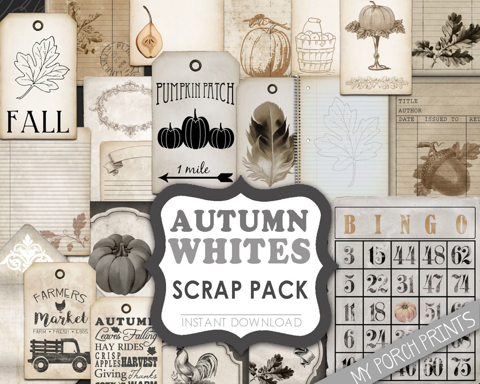 Fall, Junk Journal, Kit, Autumn, White, Scrap Pack, Junk Journal ...