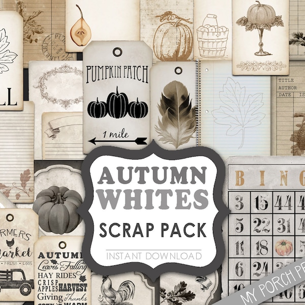 Fall, Junk Journal, Kit, Autumn, White, Scrap Pack, Junk Journal Ephemera, Neutral, Printable, My Porch Prints, Vintage, Pumpkin, Digital