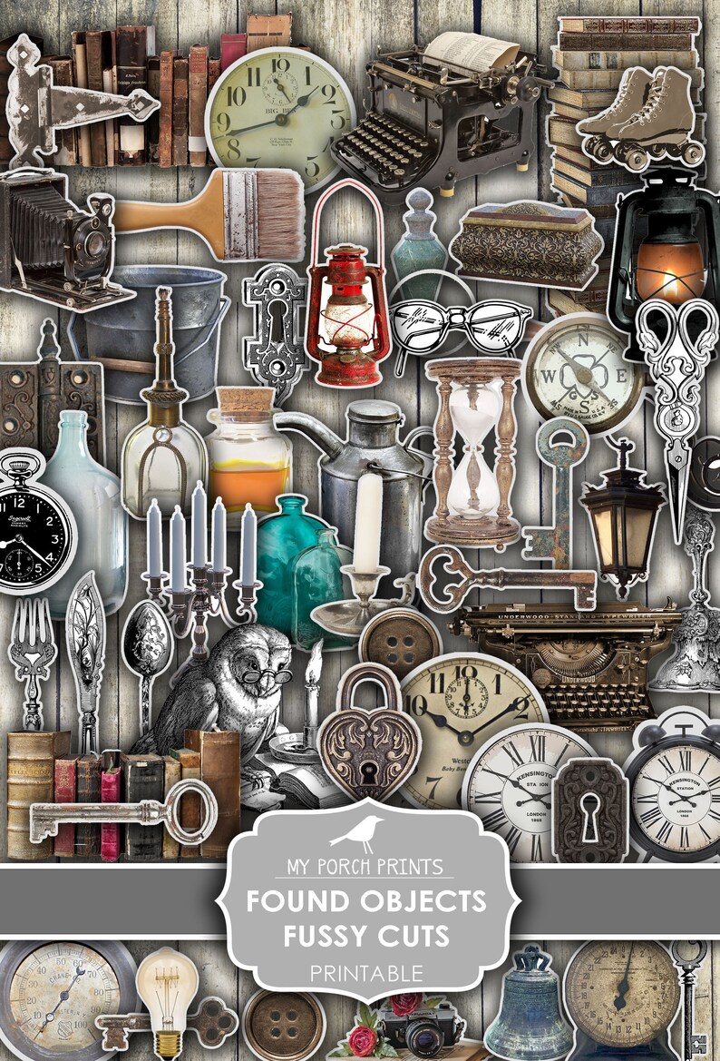 Puede incluir: Una colecci&oacute;n de objetos vintage, que incluyen un reloj, una m&aacute;quina de escribir, una linterna, una br&uacute;jula, una llave, un candado, un libro, una botella, una cuchara, un tenedor, una vela, un par de tijeras, un par de gafas, una c&aacute;mara, una campana, un medidor, una bombilla, un cubo, un p&aacute;jaro y un juego de llaves. Los objetos est&aacute;n todos en varios tonos de marr&oacute;n, negro, blanco y rojo.