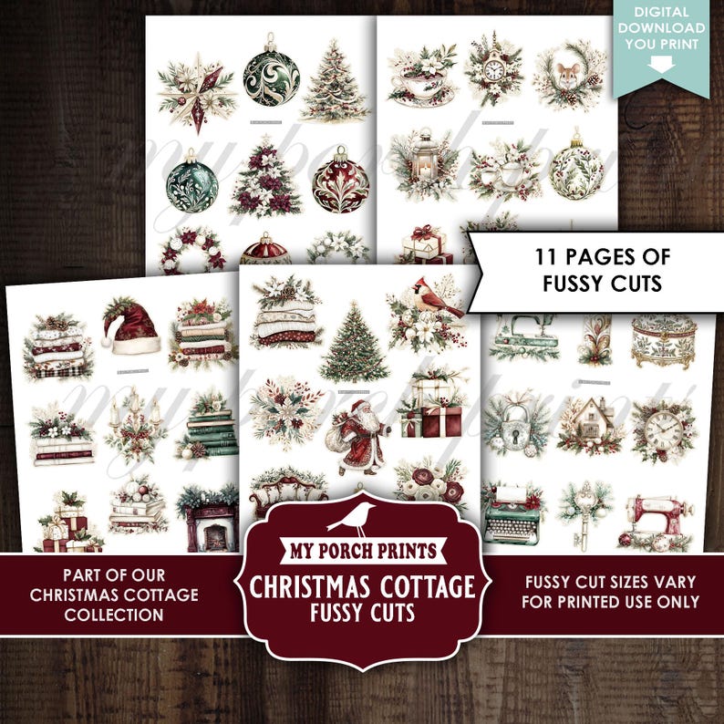 Christmas Cottage Junk Journal FUSSY CUTS, Vintage Holiday Red Green ...