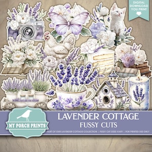 Lavender Cottage FUSSY CUTS, Junk Journal, Vintage, Purple, Home, Floral, Spring, Farm, My Porch Prints Printable Digital Download
