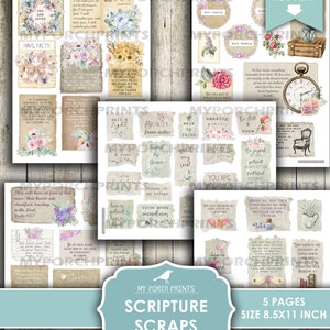 May include: Five printable pages of scripture quotes with floral and nature-themed designs. Each page features a different quote with a floral background and a decorative border. The pages are 8.5 inches by 11 inches.