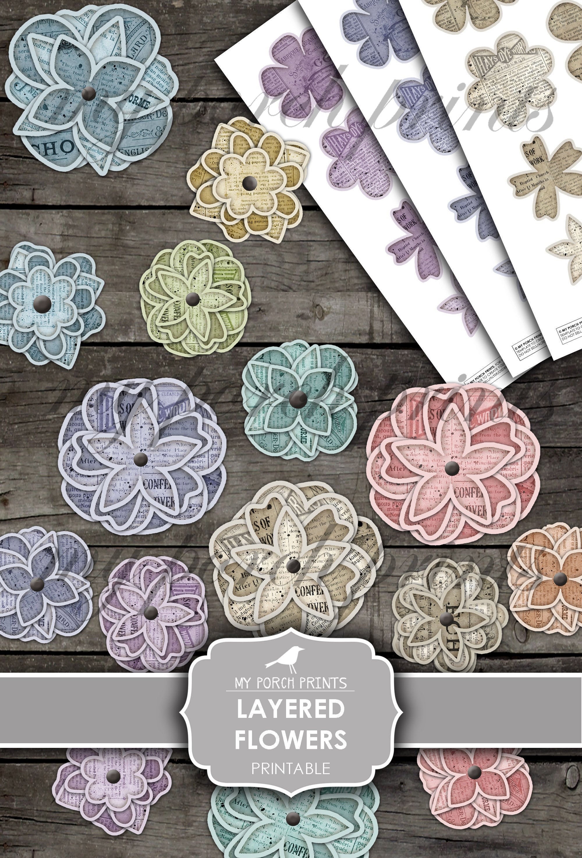 Layered Flowers, Junk Journal, Ephemera, Printable, My Porch Prints ...