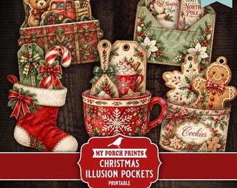 Christmas Illusion Pockets, Junk Journal, Kit, Ephemera Tags Holiday, Winter, Santa, Gift, Tags, My Porch Prints, Printable Digital Download