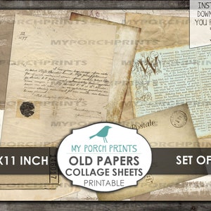 K&ouml;nnte beinhalten: Satz von sechs druckbaren 8,5 x 11 Zoll gro&szlig;en Collage-Bl&auml;ttern mit alten Papieren mit Vintage-Texturen und handschriftlichem Text. Die Papiere haben ein abgenutztes, gealtertes Aussehen und beinhalten eine Vogel-Illustration und die Worte "Old Papers Collage Sheets".