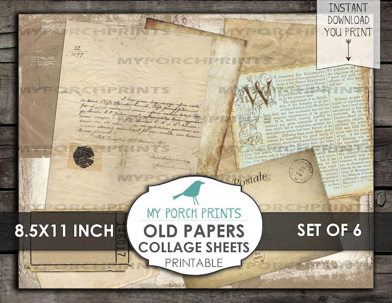 K&ouml;nnte beinhalten: Satz von sechs druckbaren 8,5 x 11 Zoll gro&szlig;en Collage-Bl&auml;ttern mit alten Papieren mit Vintage-Texturen und handschriftlichem Text. Die Papiere haben ein abgenutztes, gealtertes Aussehen und beinhalten eine Vogel-Illustration und die Worte "Old Papers Collage Sheets".
