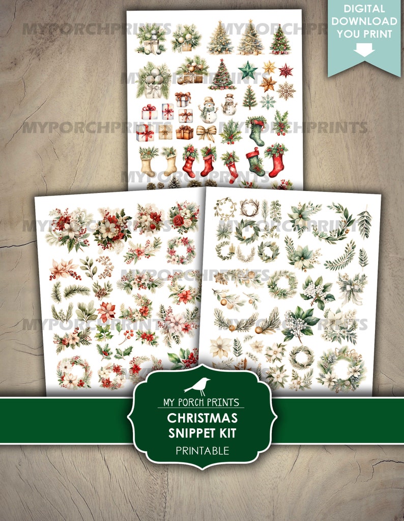 Pu&ograve; includere: Set di clipart natalizie stampabili con una variet&agrave; di elementi festivi, tra cui ghirlande, fiori, agrifoglio e ornamenti. Il set include anche un pupazzo di neve, alberi di Natale e calze.
