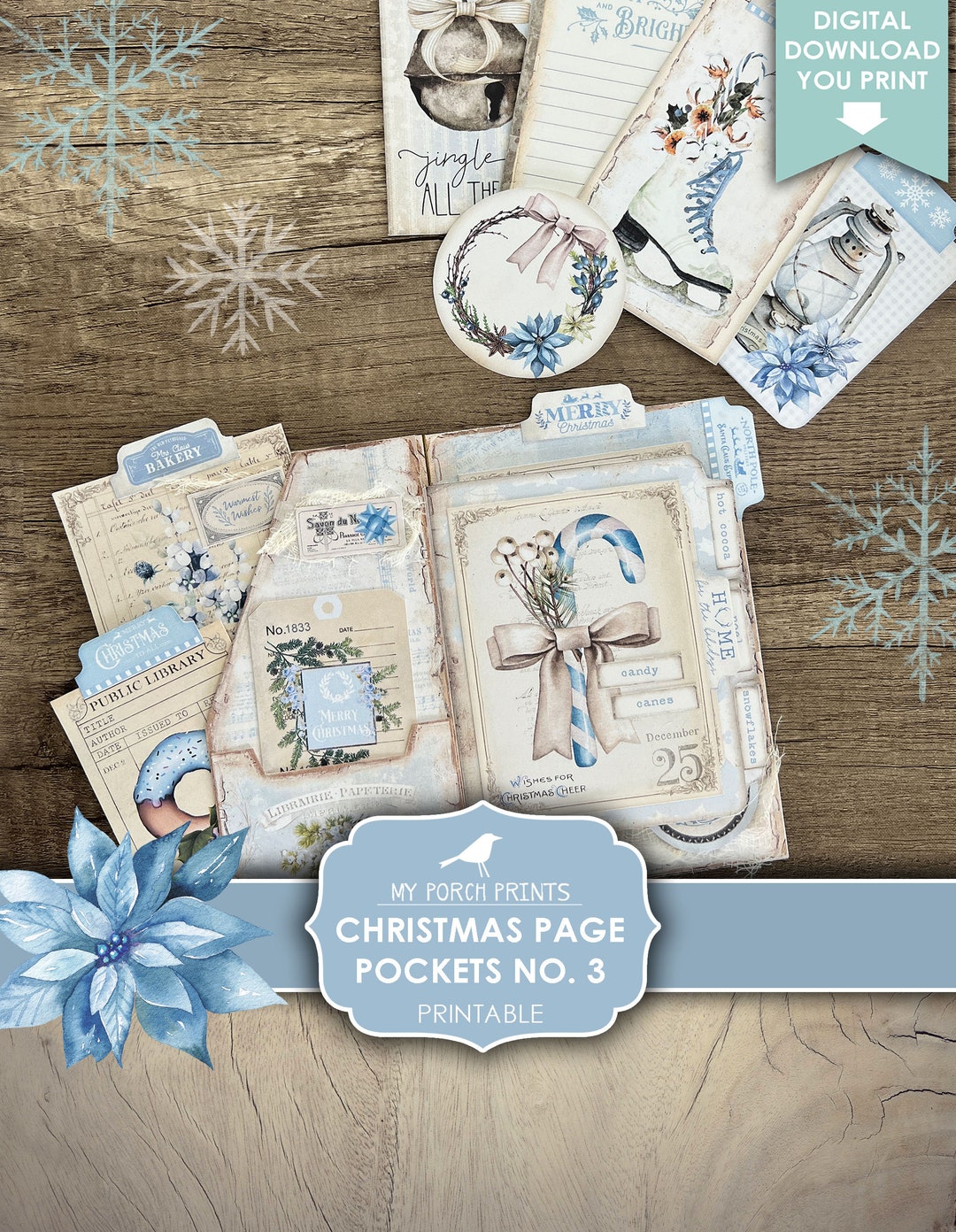 Christmas Page Pockets No. 3, Blue Folio Pocket Junk Journal Kit ...