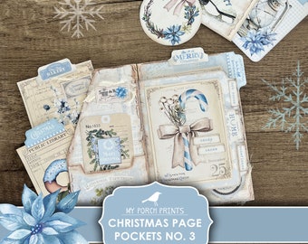 Junk Journal, Christmas, Page Pockets, No. 3, Folio, Pocket, Blue, December, Winter, Daily, My Porch Prints, Digital, Download, Printable