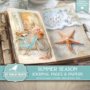 Summer Season Junk Journal PAGES & PAPERS, 4, Four, Seasons, Beach, Travel, Cottagecore, Bee, My Porch Prints, Printable, Digital Download