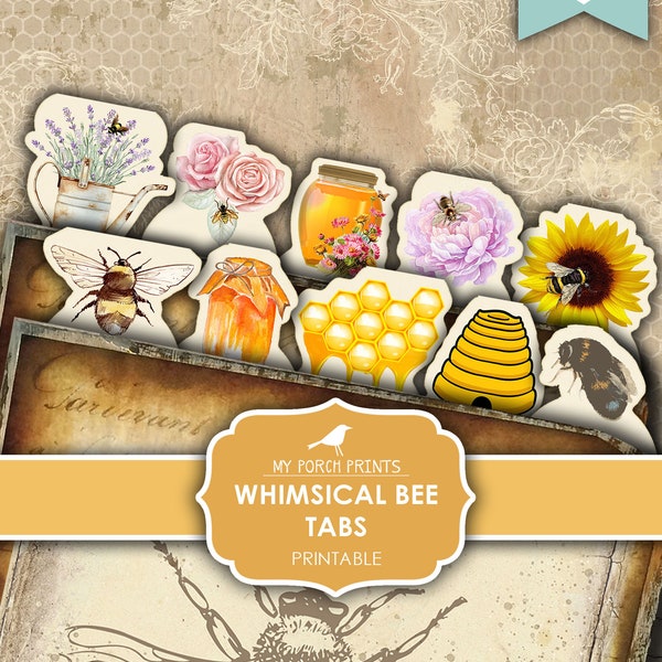 Junk Journal, Bee, Tabs, Fussy Cut, Whimsical, Honey, Beekeeper, Bumblebee, Cricut, Printable, My Porch Prints, Stickers, Digital Download