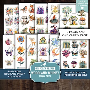 May include: A set of whimsical, watercolour fussy cuts with woodland creatures, flowers, and fairy tale elements. The designs include various animals, houses, and floral arrangements. The text reads "Woodland Whimsy" and "Digital Download You Print."