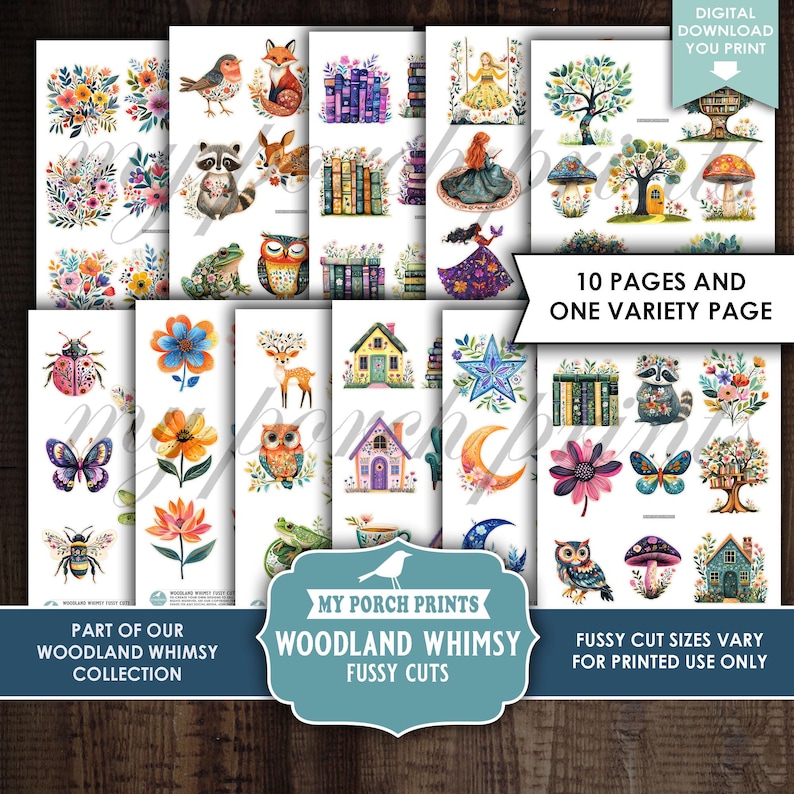 May include: A set of whimsical, watercolour fussy cuts with woodland creatures, flowers, and fairy tale elements. The designs include various animals, houses, and floral arrangements. The text reads "Woodland Whimsy" and "Digital Download You Print."