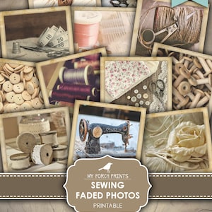 Photos, Faded, Sewing, Junk Journal, Photographs, Pictures, Ribbon, Spools, Buttons, Lace, Old, My Porch Prints, Printable Digital Download