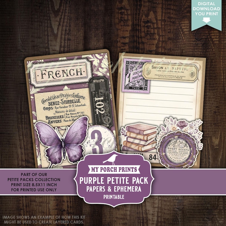 Purple Petite Pack Junk Journal Ephemera and Papers Kit, Cards Numbers ...