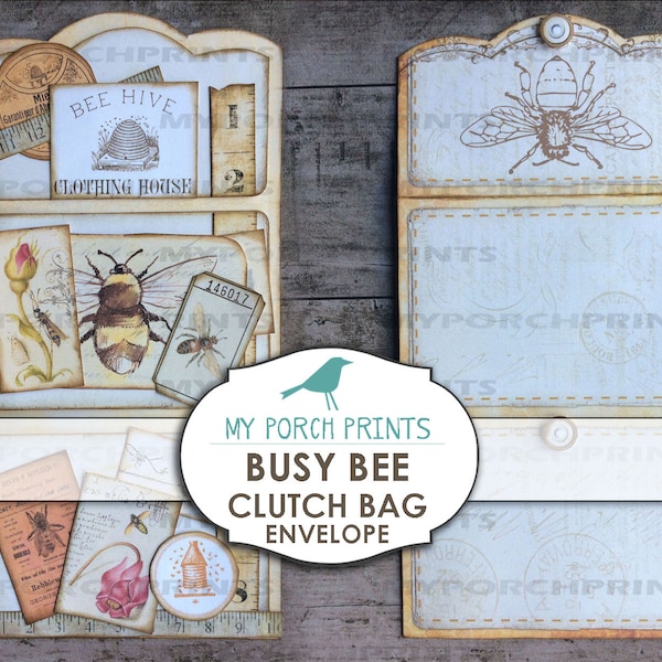 Busy Bee Clutch Bag Envelope, Ephemera, Junk Journal Kit, Scrapbook, Shabby, Digital, Collage Sheet, Beekeeper, Download, Vintage, Printable